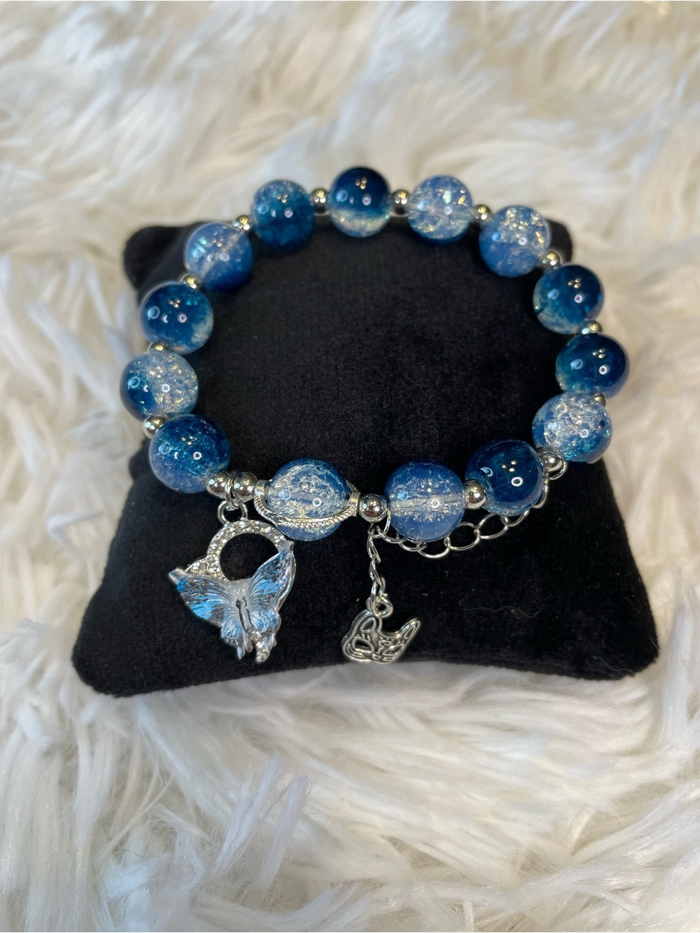 Blue Galaxy Crackle Beaded Charm Bracelet